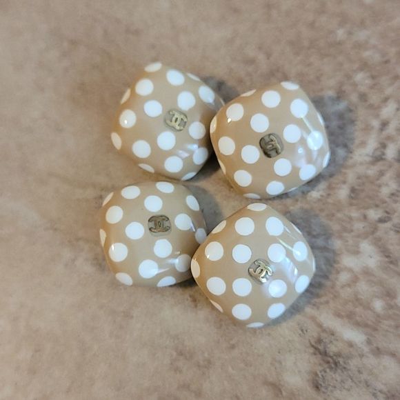 CHANEL Accessories - [SOLD] CHANEL Set of 4 Tan & White Polkadot Square 'CC' Shank Buttons